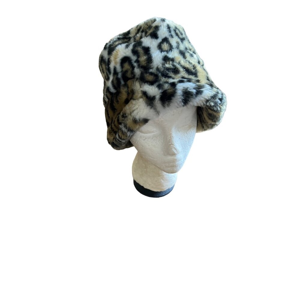 Tan black white faux fur leopard print bucket hat